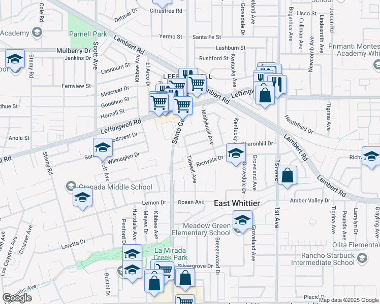map of restaurants, bars, coffee shops, grocery stores, and more near 15803 Sharon Hill Drive in Whittier