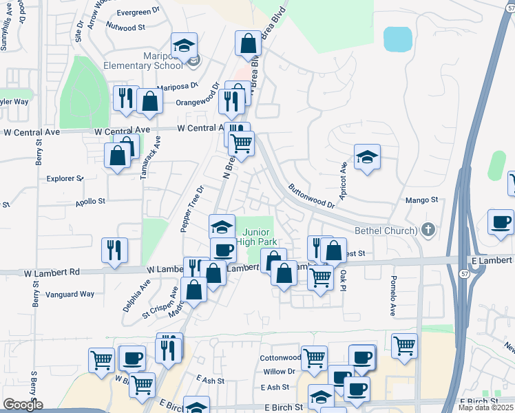 map of restaurants, bars, coffee shops, grocery stores, and more near 743 Wagon Wheel Circle in Brea