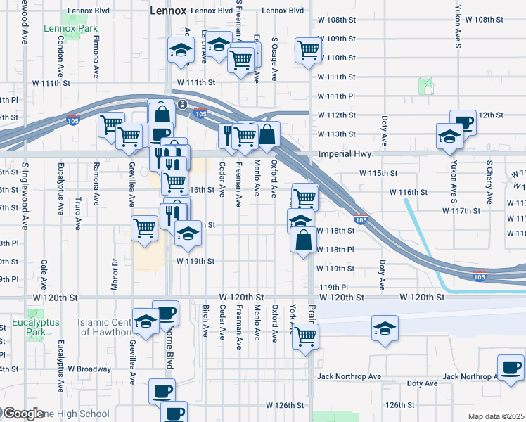 map of restaurants, bars, coffee shops, grocery stores, and more near 11626 Menlo Avenue in Hawthorne