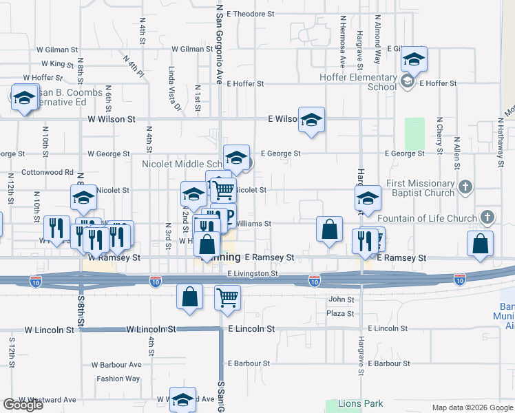 map of restaurants, bars, coffee shops, grocery stores, and more near 361 Fay Street in Banning