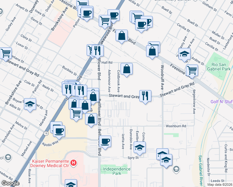 map of restaurants, bars, coffee shops, grocery stores, and more near 11744 Adenmoor Avenue in Downey