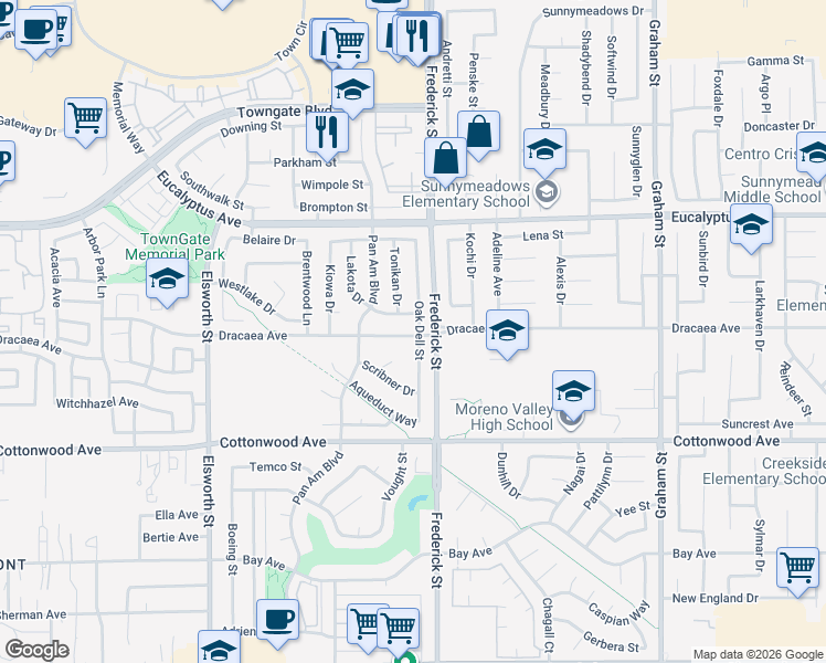 map of restaurants, bars, coffee shops, grocery stores, and more near 13241 Oak Dell Street in Moreno Valley