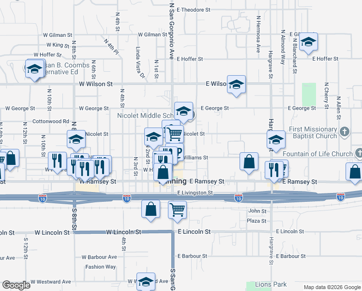 map of restaurants, bars, coffee shops, grocery stores, and more near 299 North Murray Street in Banning