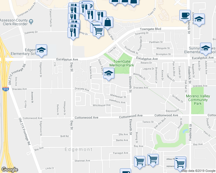 map of restaurants, bars, coffee shops, grocery stores, and more near 22330 Lilac Court in Moreno Valley