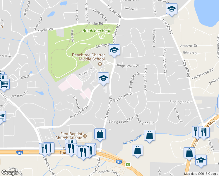 map of restaurants, bars, coffee shops, grocery stores, and more near 4576 N Peachtree Rd in Dunwoody