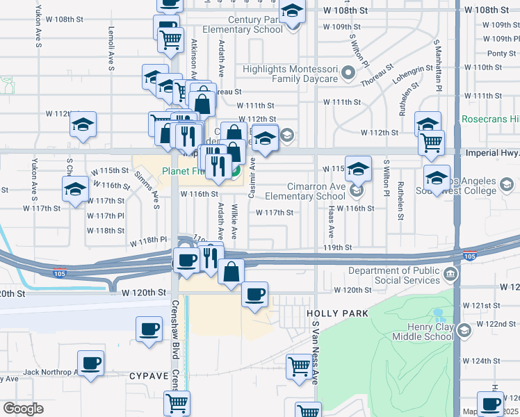 map of restaurants, bars, coffee shops, grocery stores, and more near 2515 West 117th Street in Hawthorne