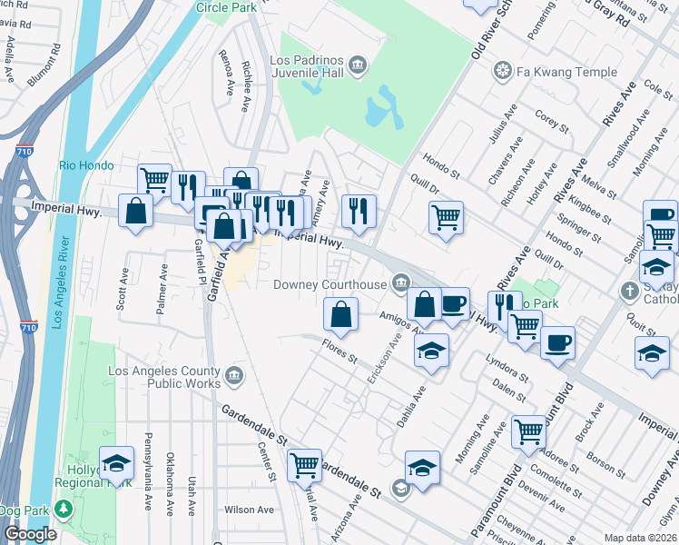 map of restaurants, bars, coffee shops, grocery stores, and more near 5950 Imperial Highway in South Gate