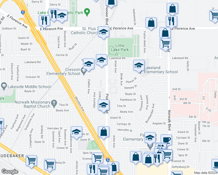 map of restaurants, bars, coffee shops, grocery stores, and more near 11800 Los Alisos Circle in Norwalk