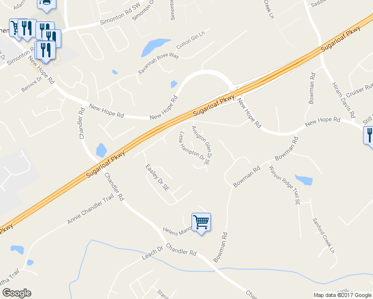 map of restaurants, bars, coffee shops, grocery stores, and more near 1324 Little Hampton Drive in Lawrenceville