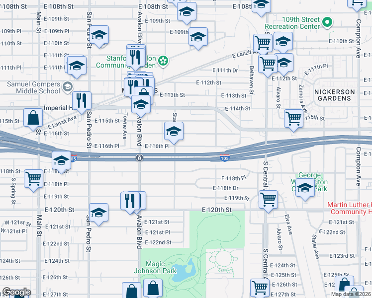 map of restaurants, bars, coffee shops, grocery stores, and more near 722 East 116th Place in Los Angeles