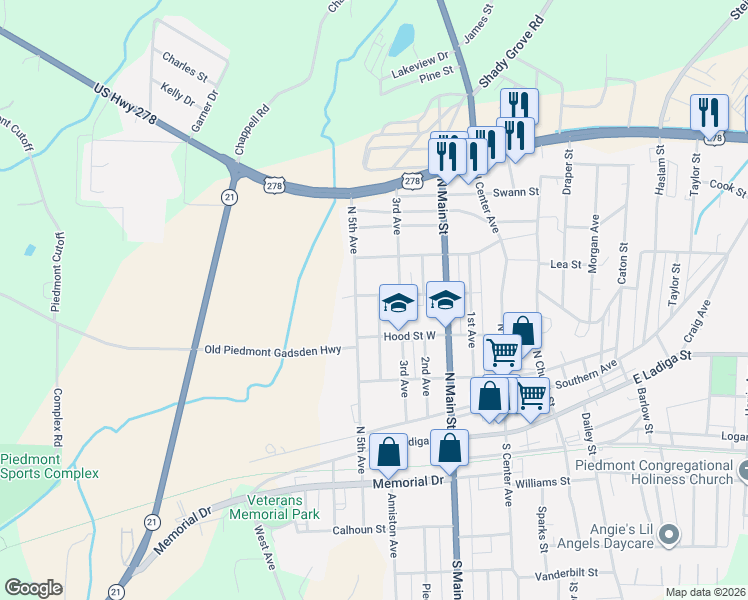 map of restaurants, bars, coffee shops, grocery stores, and more near 601 Brock Street in Piedmont