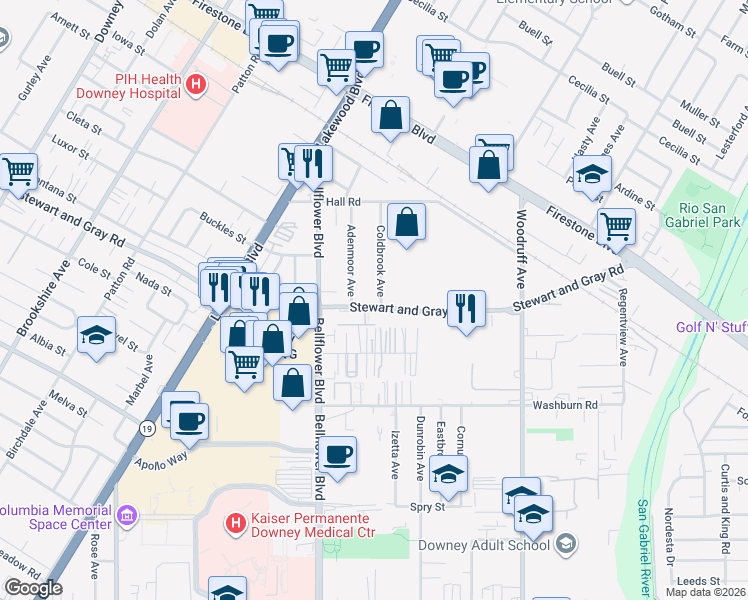 map of restaurants, bars, coffee shops, grocery stores, and more near 9229 Stewart and Gray Road in Downey