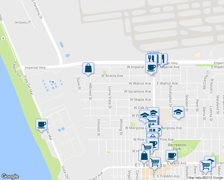 map of restaurants, bars, coffee shops, grocery stores, and more near 836 Loma Vista Street in El Segundo