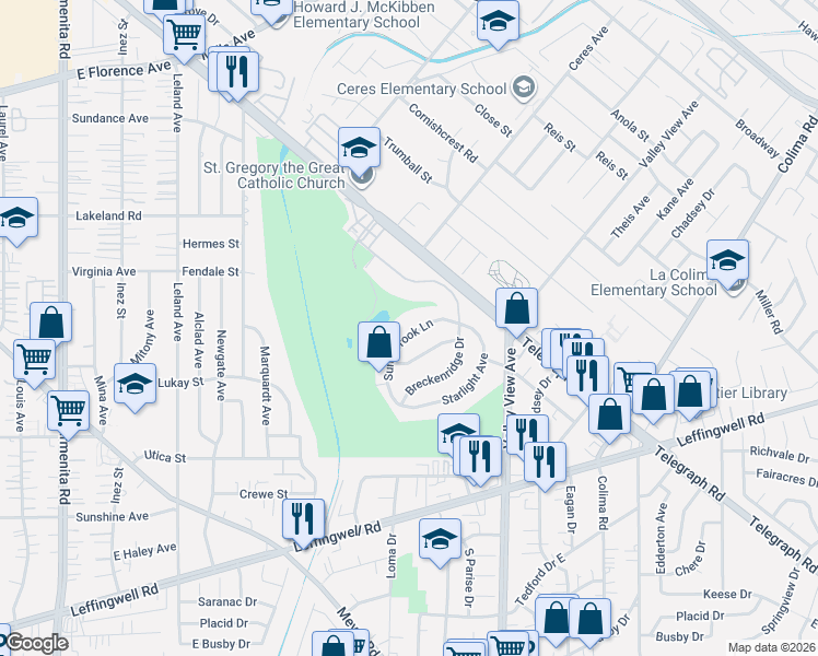 map of restaurants, bars, coffee shops, grocery stores, and more near 11503 Sunnybrook Lane in Whittier