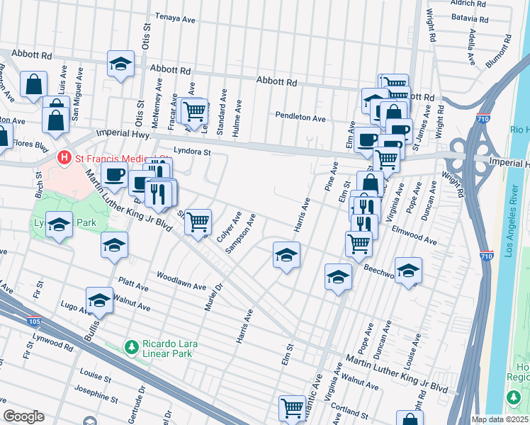 map of restaurants, bars, coffee shops, grocery stores, and more near 3993 Le Sage Street in Lynwood