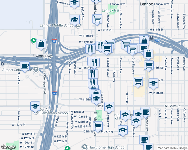 map of restaurants, bars, coffee shops, grocery stores, and more near 11701 South Inglewood Avenue in Hawthorne