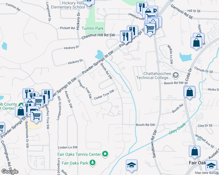 map of restaurants, bars, coffee shops, grocery stores, and more near 443 Booth Circle Southwest in Marietta