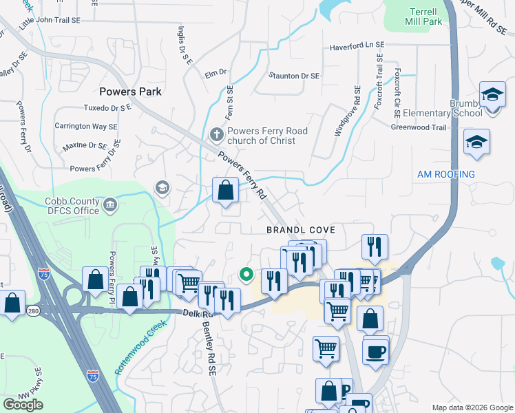 map of restaurants, bars, coffee shops, grocery stores, and more near 1157 Willow Avenue Southeast in Marietta