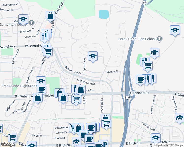 map of restaurants, bars, coffee shops, grocery stores, and more near 584 Brookwood Street in Brea