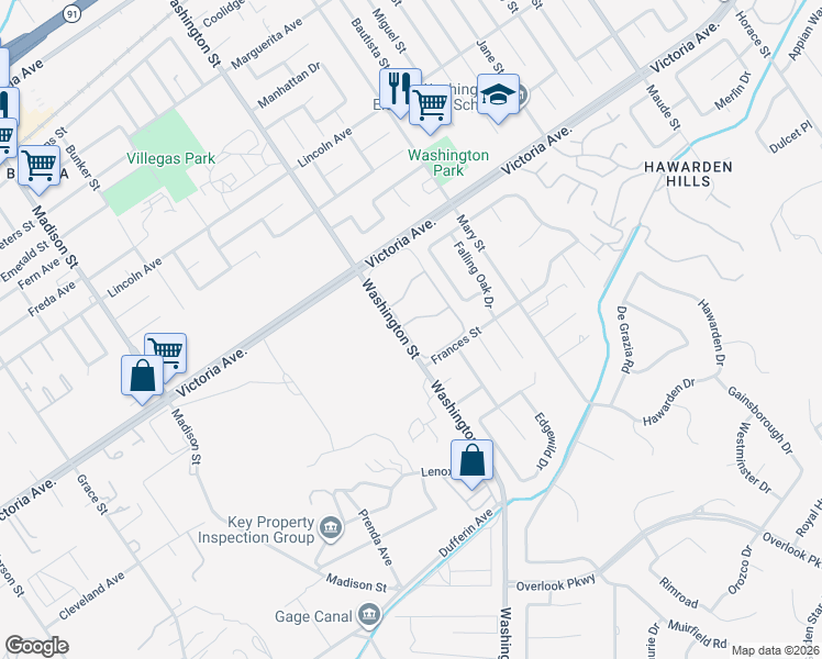 map of restaurants, bars, coffee shops, grocery stores, and more near 7067 Seville Way in Riverside