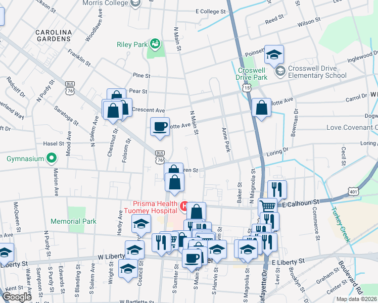 map of restaurants, bars, coffee shops, grocery stores, and more near 20 Warren Court in Sumter