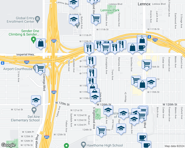 map of restaurants, bars, coffee shops, grocery stores, and more near 11701 South Inglewood Avenue in Hawthorne