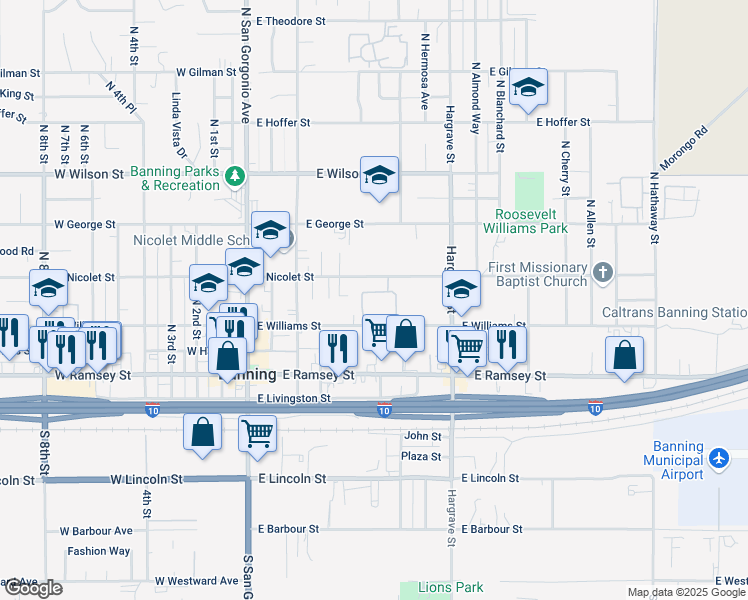 map of restaurants, bars, coffee shops, grocery stores, and more near 456 East Nicolet Street in Banning