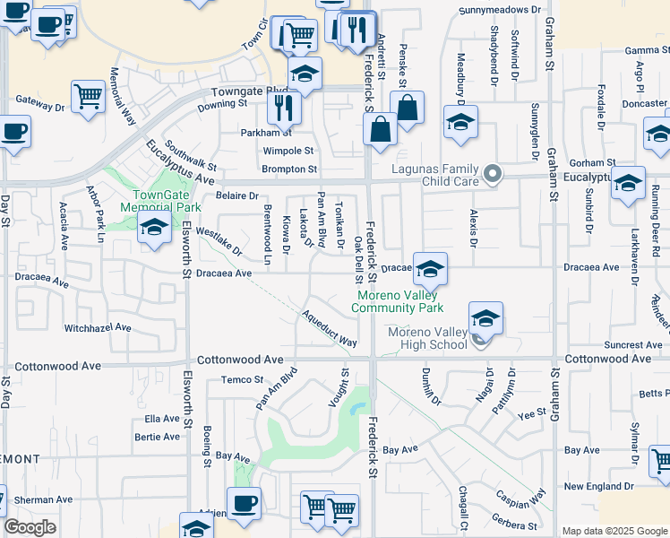 map of restaurants, bars, coffee shops, grocery stores, and more near 13239 Lakota Drive in Moreno Valley