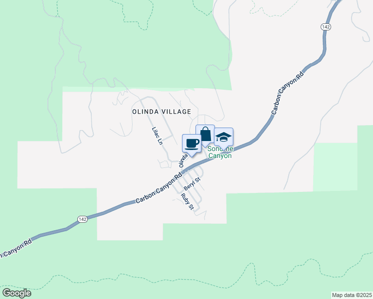 map of restaurants, bars, coffee shops, grocery stores, and more near 165 Olinda Drive in Brea