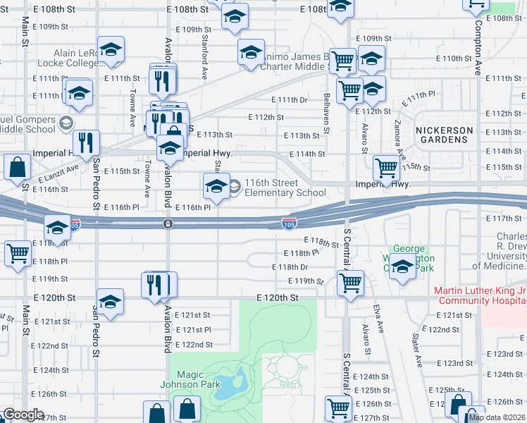 map of restaurants, bars, coffee shops, grocery stores, and more near 827 East 116th Place in Los Angeles