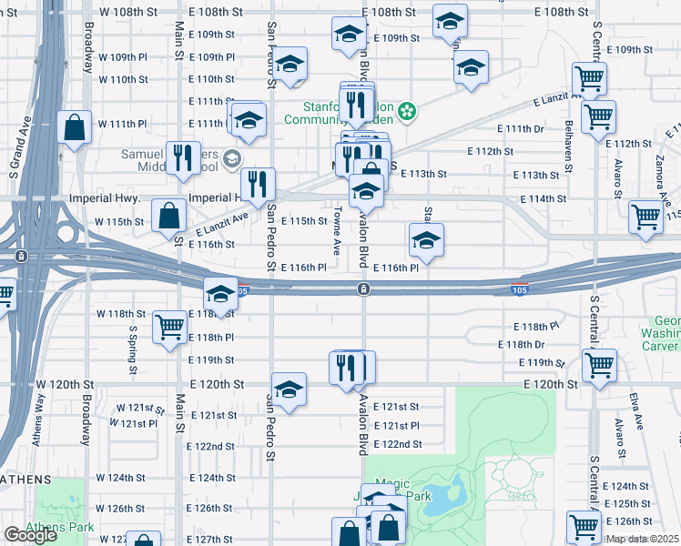 map of restaurants, bars, coffee shops, grocery stores, and more near 11630 Towne Avenue in Los Angeles