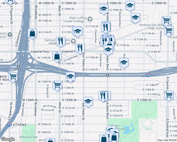map of restaurants, bars, coffee shops, grocery stores, and more near 315 East 116th Place in Los Angeles