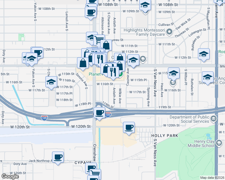 map of restaurants, bars, coffee shops, grocery stores, and more near 11609 Chanera Avenue in Hawthorne