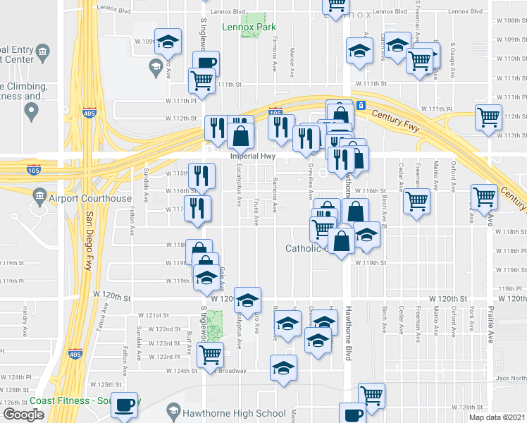 map of restaurants, bars, coffee shops, grocery stores, and more near 11627 Ramona Avenue in Hawthorne