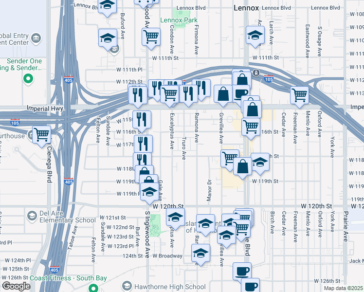 map of restaurants, bars, coffee shops, grocery stores, and more near 11630 Eucalyptus Avenue in Hawthorne