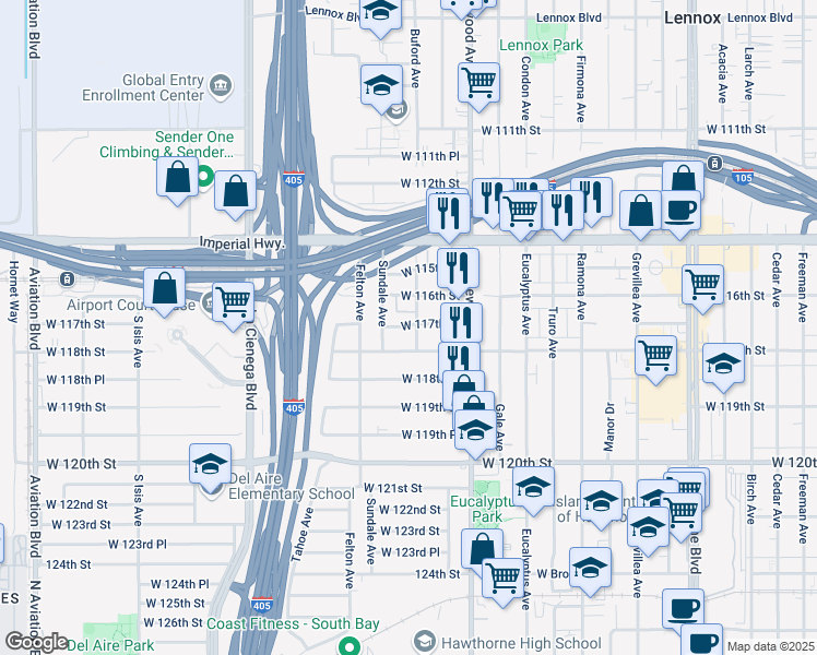 map of restaurants, bars, coffee shops, grocery stores, and more near 4901 Buford Avenue in Hawthorne
