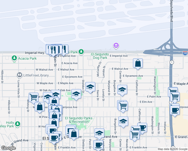 map of restaurants, bars, coffee shops, grocery stores, and more near 853 Penn Street in El Segundo