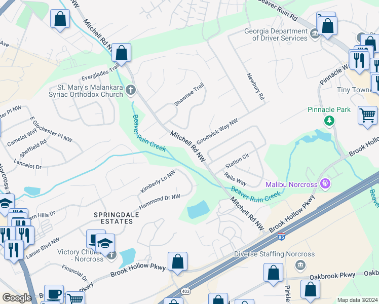 map of restaurants, bars, coffee shops, grocery stores, and more near 2125 Mitchell Road Northwest in Norcross