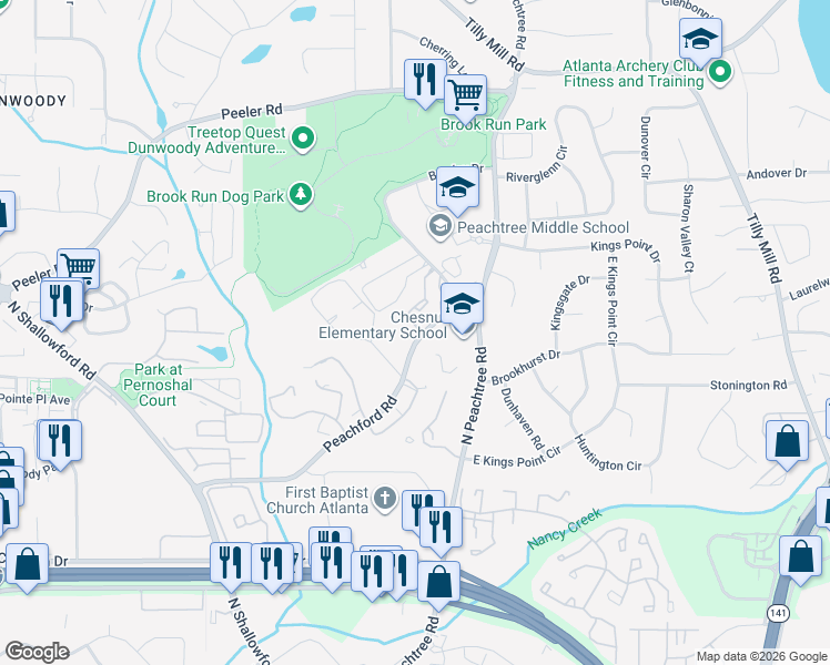 map of restaurants, bars, coffee shops, grocery stores, and more near 2300 Peachford Road in Dunwoody