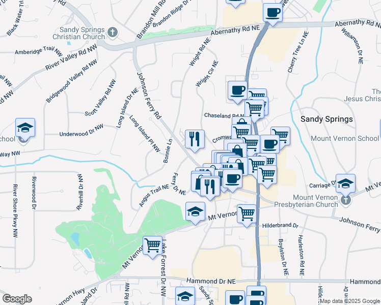 map of restaurants, bars, coffee shops, grocery stores, and more near 75 High Top Lane in Sandy Springs