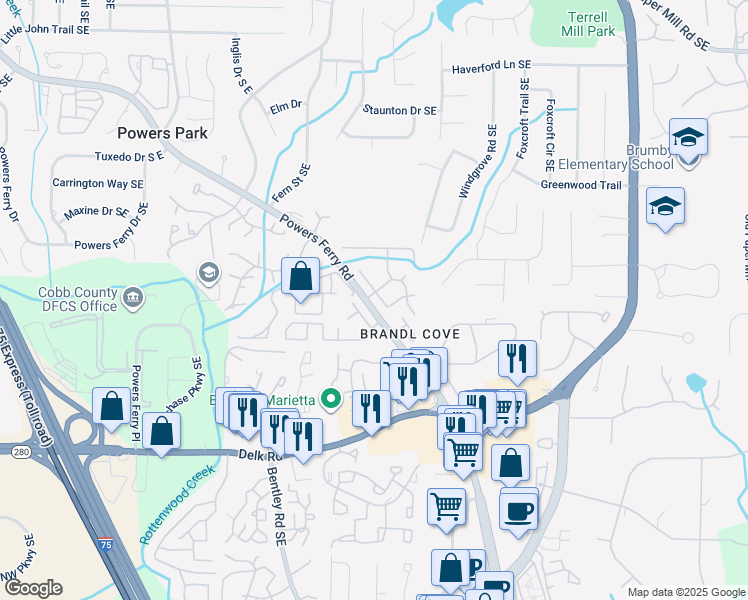 map of restaurants, bars, coffee shops, grocery stores, and more near 938 Bobcat Court in Marietta
