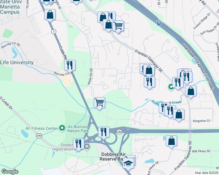 map of restaurants, bars, coffee shops, grocery stores, and more near 991 Wylie Road Southeast in Marietta