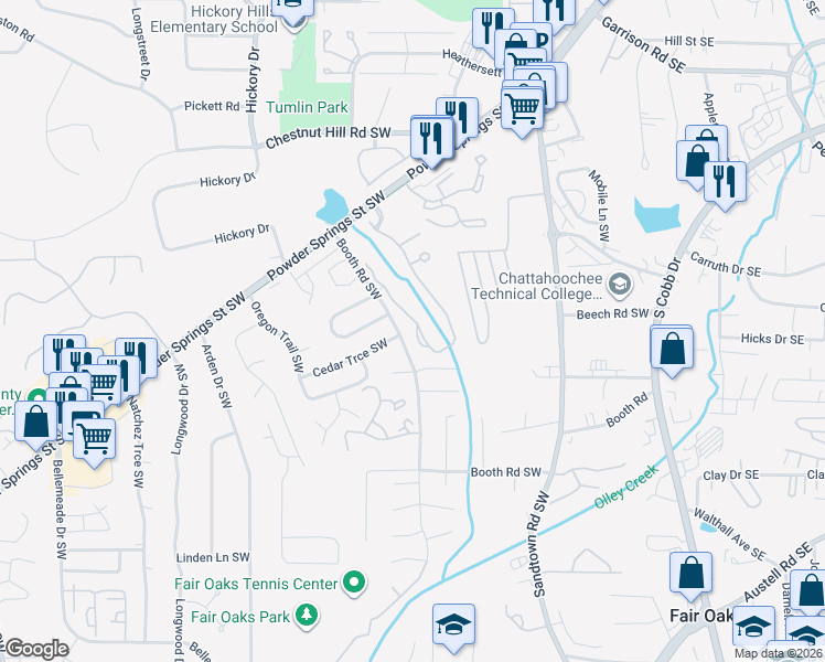 map of restaurants, bars, coffee shops, grocery stores, and more near 1221 Brownstone Drive Southwest in Marietta