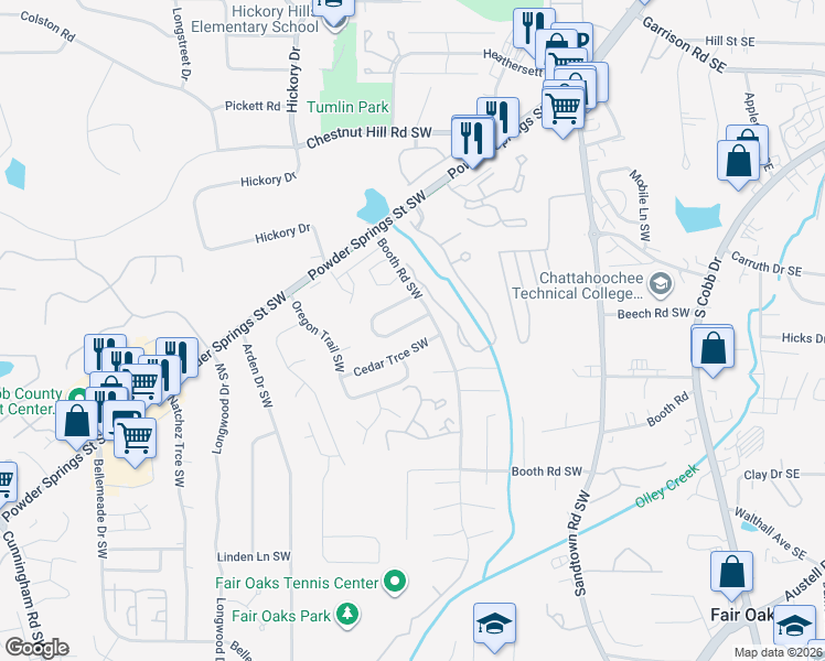 map of restaurants, bars, coffee shops, grocery stores, and more near 443 Booth Circle Southwest in Marietta