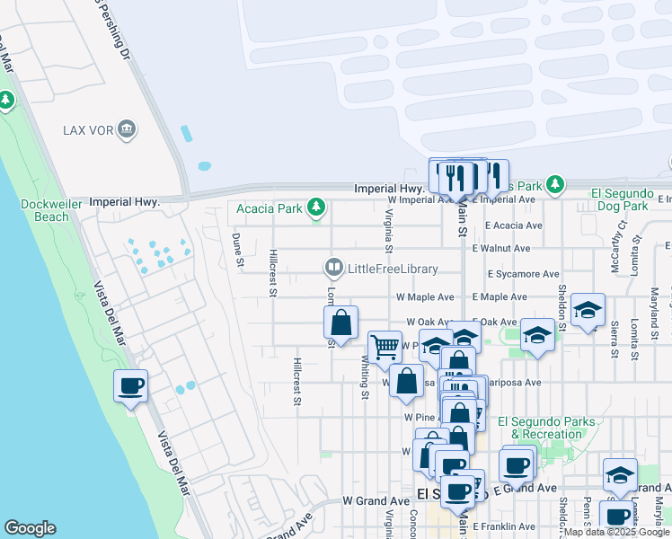 map of restaurants, bars, coffee shops, grocery stores, and more near 836 Loma Vista Street in El Segundo