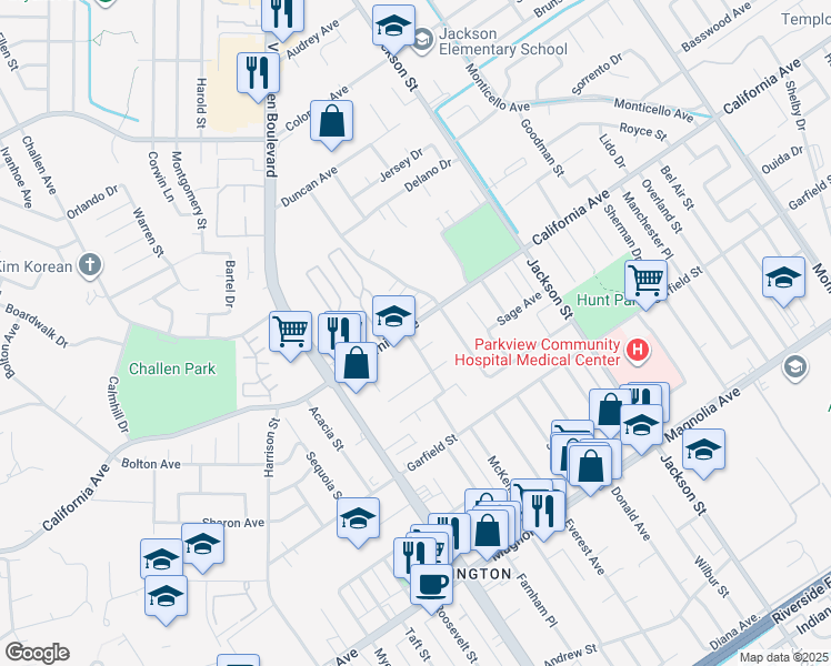 map of restaurants, bars, coffee shops, grocery stores, and more near 9342 California Avenue in Riverside