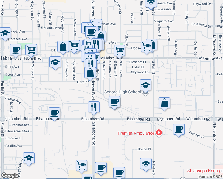 map of restaurants, bars, coffee shops, grocery stores, and more near 409 South Dexter Street in La Habra