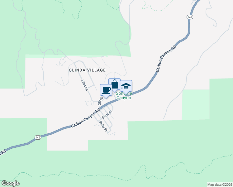 map of restaurants, bars, coffee shops, grocery stores, and more near 114 Olinda Drive in Brea