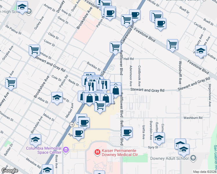 map of restaurants, bars, coffee shops, grocery stores, and more near 11753 Vultee Avenue in Downey