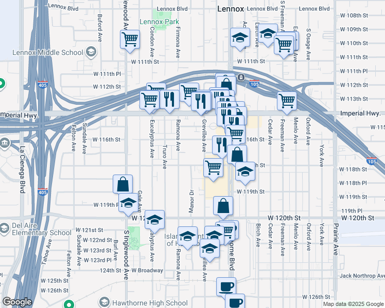 map of restaurants, bars, coffee shops, grocery stores, and more near 4555 Clyde Walker Way in Hawthorne